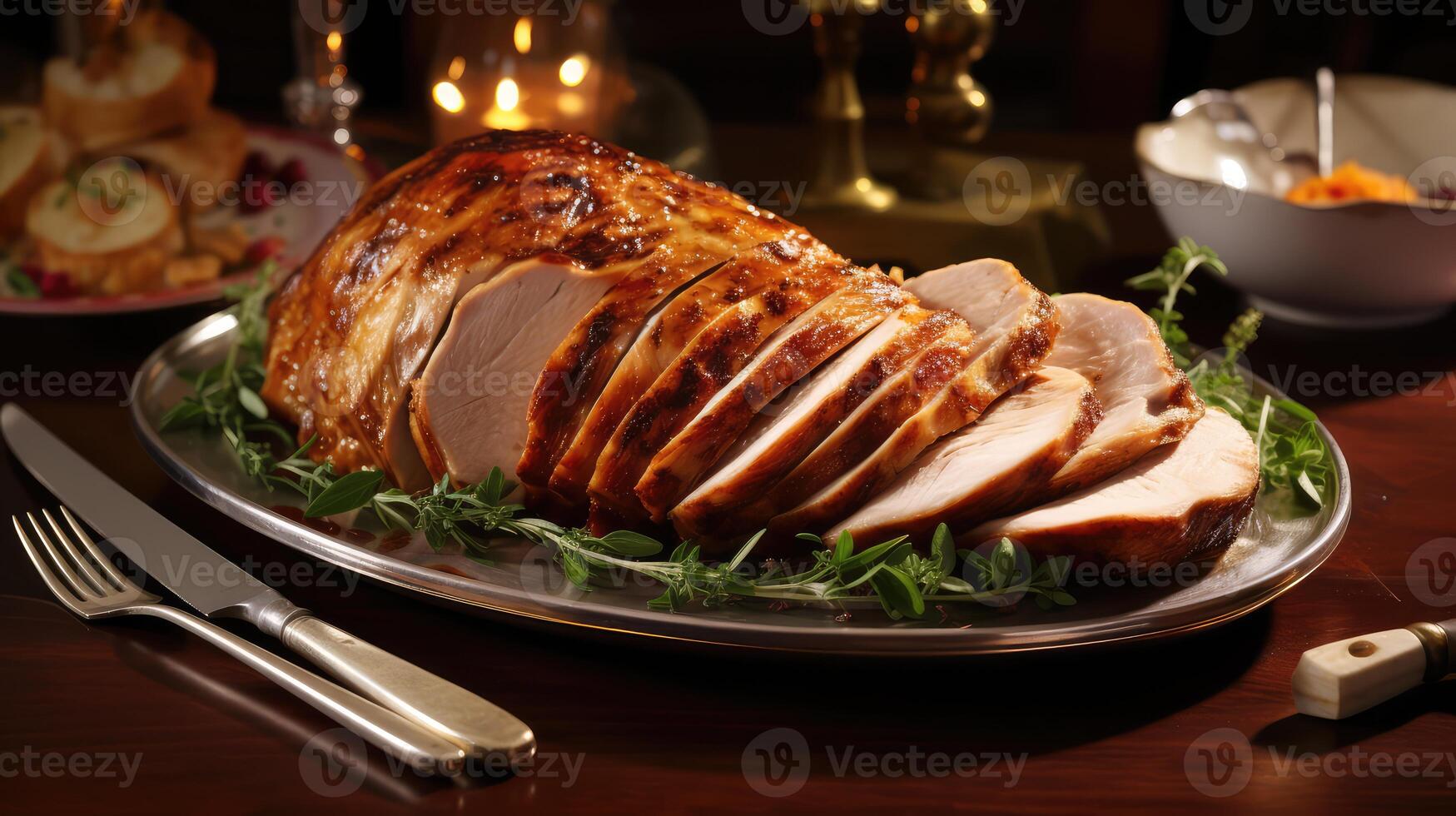 Sliced Turkey on Platter With Knife and Fork photo