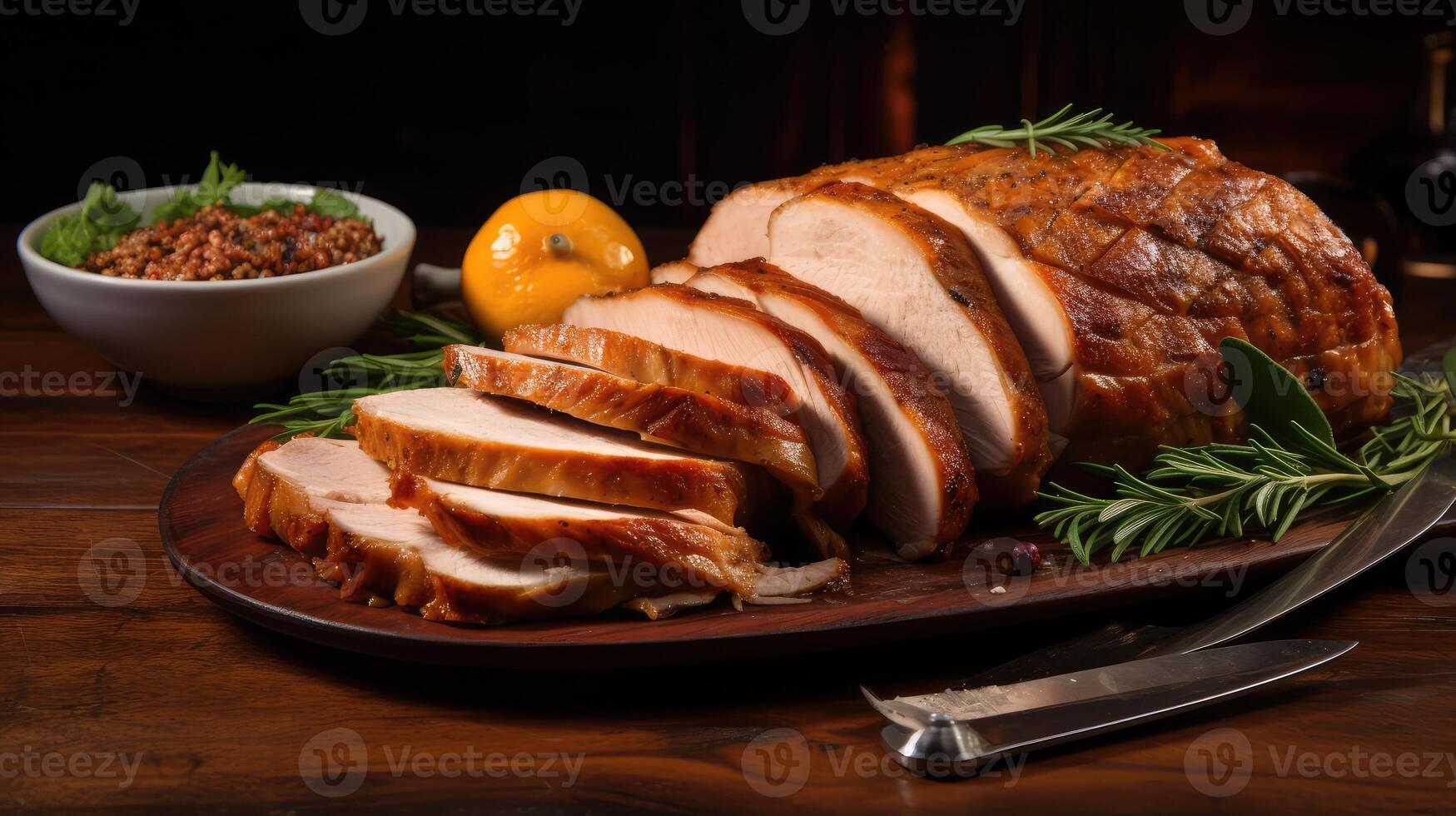 Sliced Turkey on Platter With Side of Oranges photo