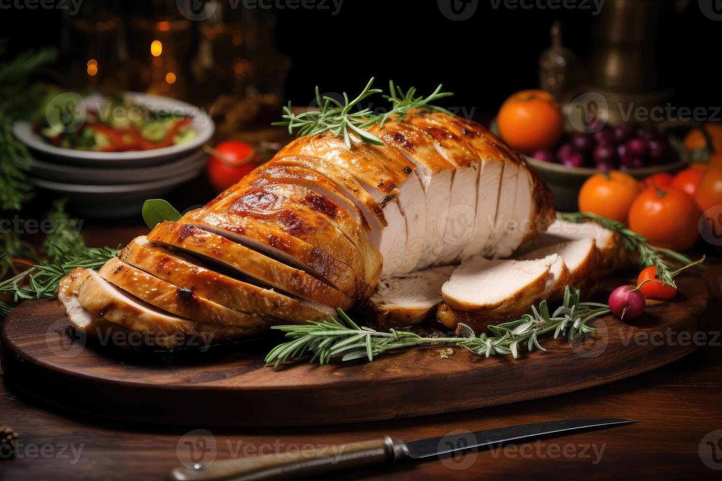 Sliced Turkey on Wooden Cutting Board photo