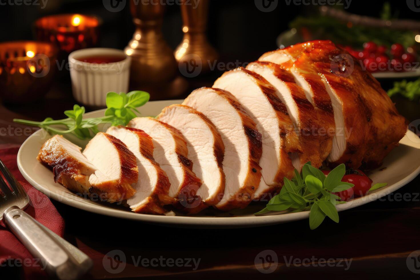 Plate of Sliced Turkey on Table photo