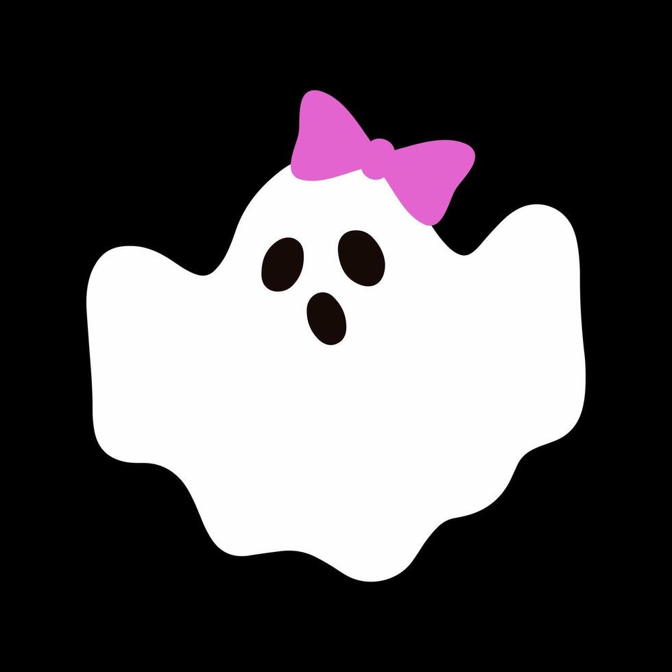Cute ghost with a pink bow. Happy halloween funny scary character, spooky expression creature. Holiday print. Mystery creative clipart vector