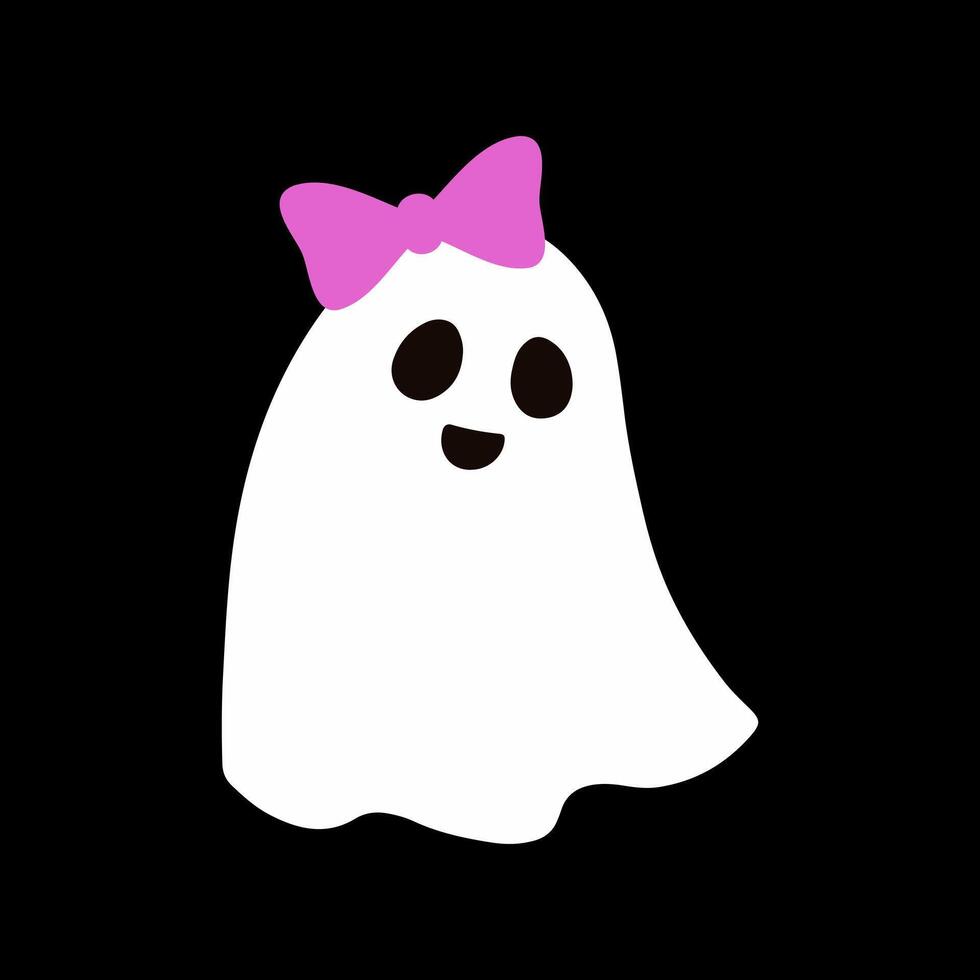 Cute ghost with a pink bow. Happy halloween funny scary character, spooky expression creature. Holiday print. Mystery creative clipart vector