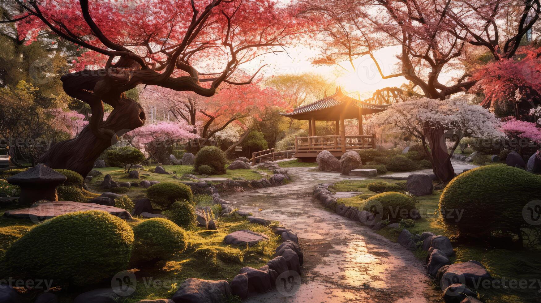 Tranquil Garden With Rocks, Trees, and Gazebo photo