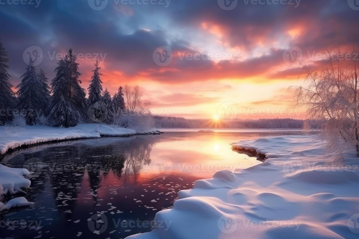 Sun Setting Over Frozen Lake photo
