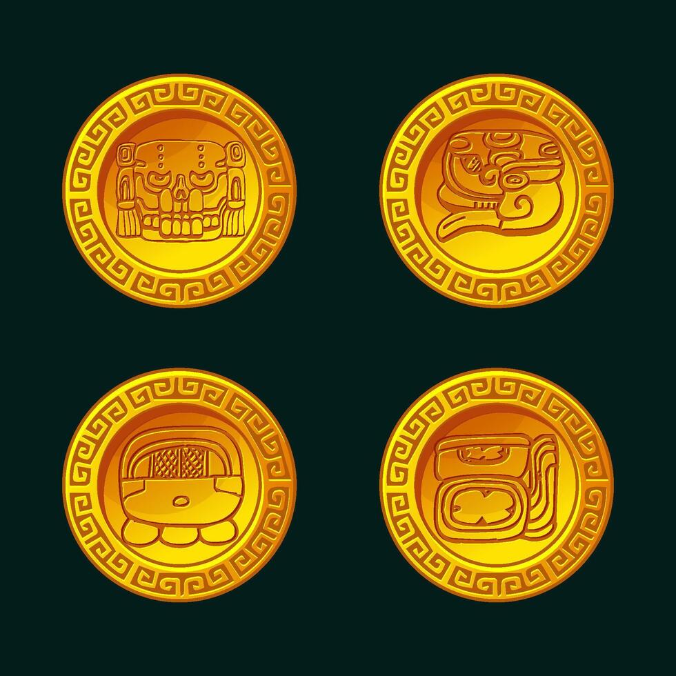 Golden coin with Maya or Aztec symbols. Golden symbols for your 2D game or slot games vector