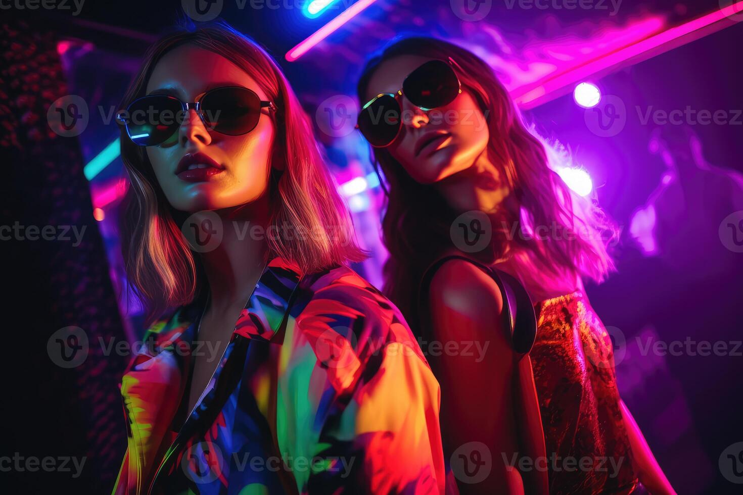 Two Women Wearing Sunglasses Standing Together photo