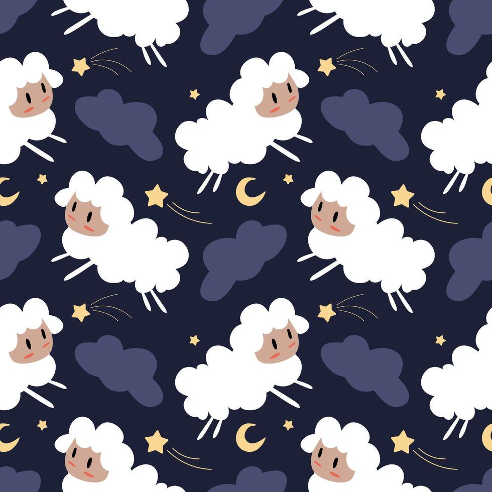 Seamless pattern of night with sheep in cartoon style. vector