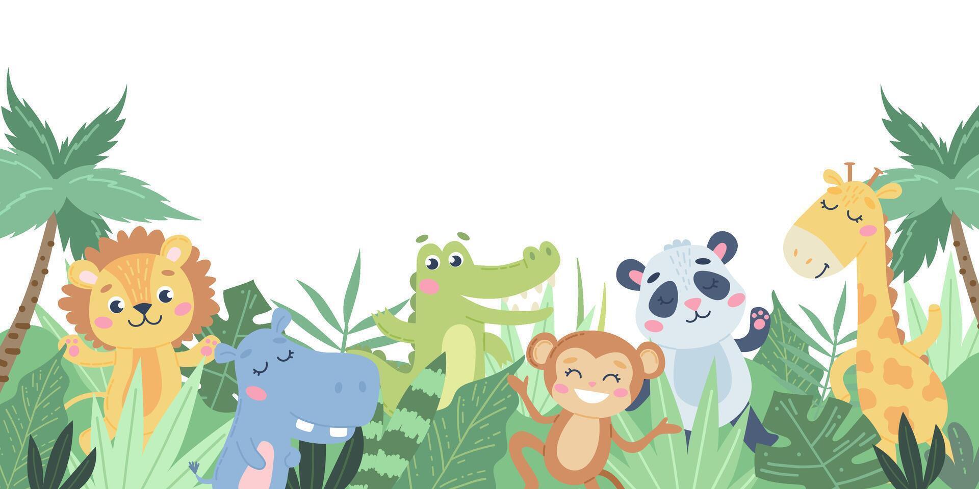 Children s animals background. Cute animals in the jungle on white. illustration in flat style vector