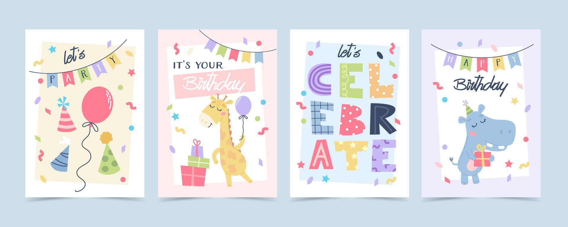 Childrens cute greeting card set. Birthday animals with cake, party hats and balloons. illustration template vector