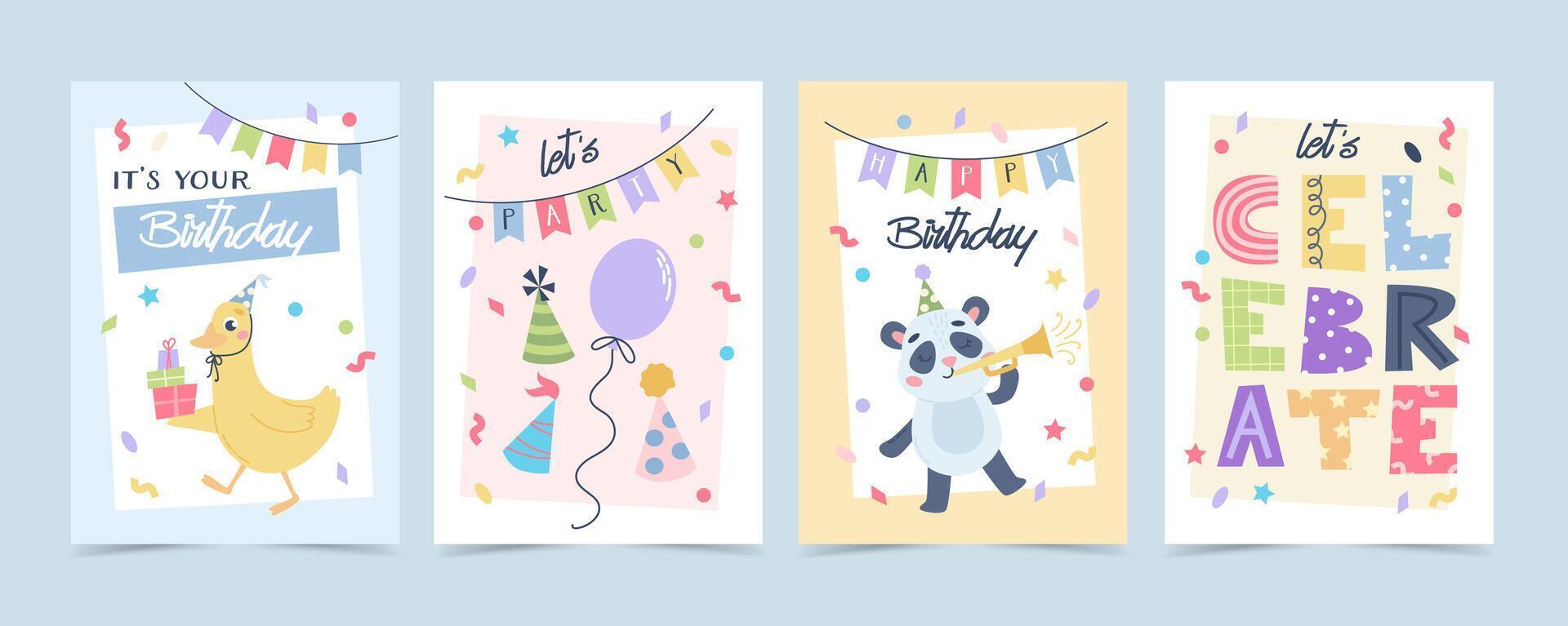 Childrens cute greeting card set. Birthday animals with cake, party hats and balloons. illustration template vector