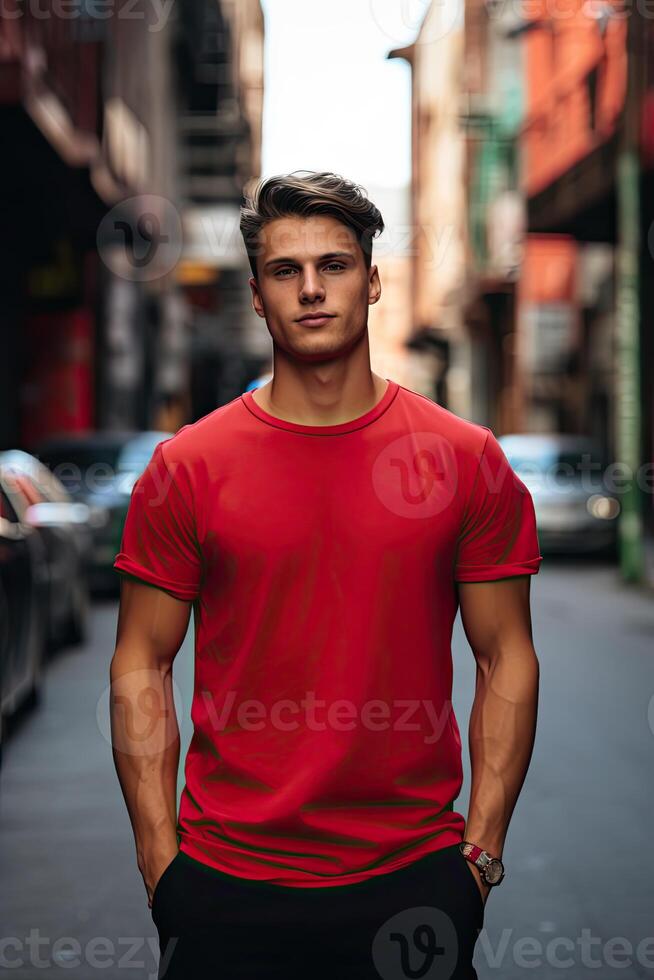 Man in Red Shirt Standing on Street photo