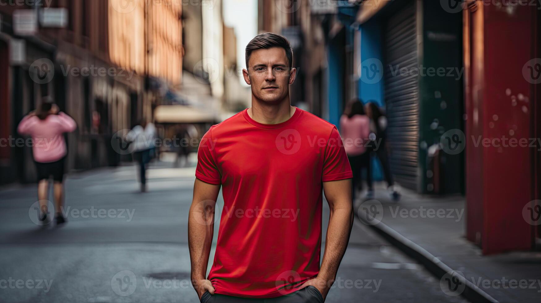 Man in Red Shirt Standing on Street photo