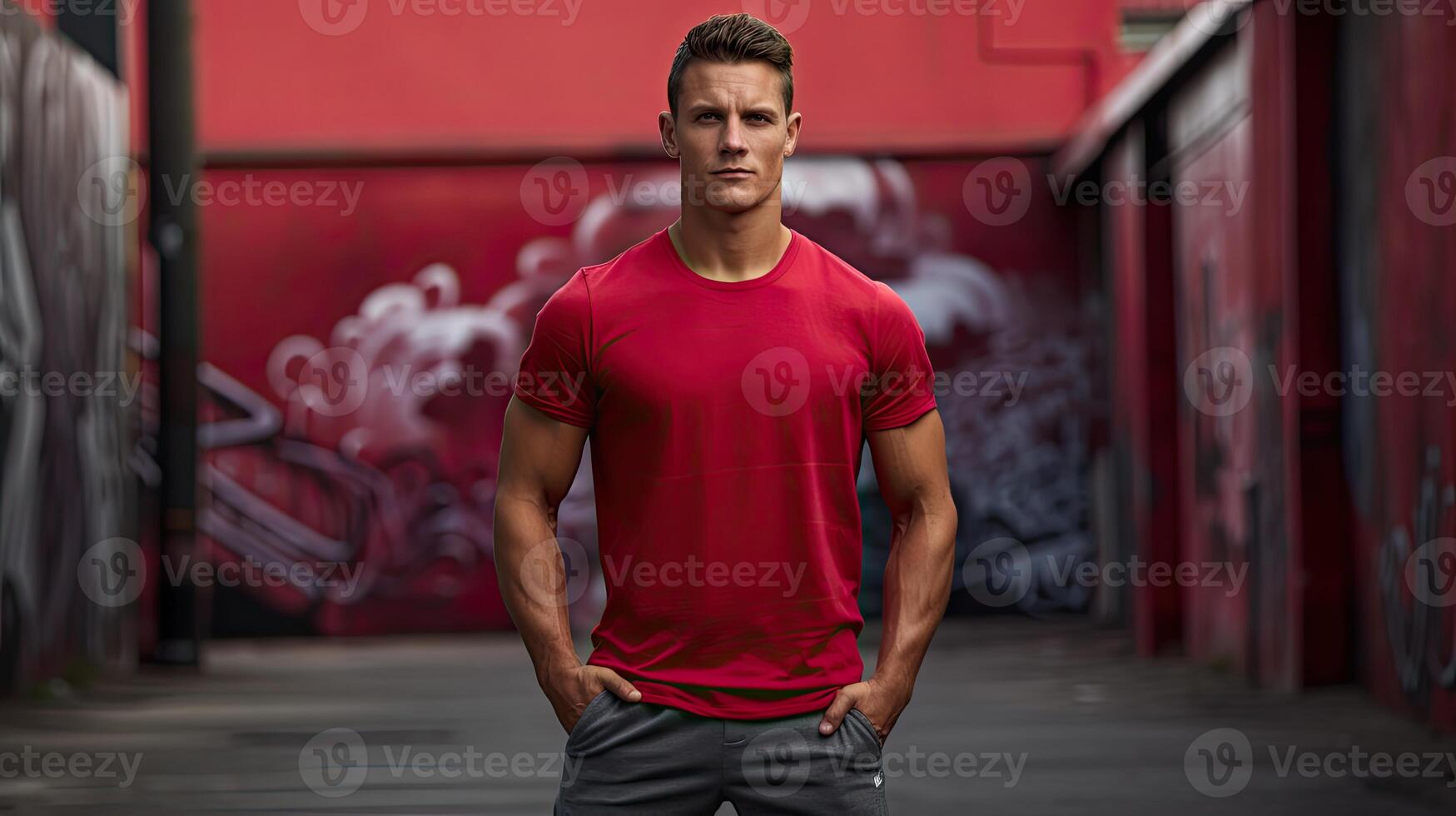 Man in Red Shirt Standing in Alley photo