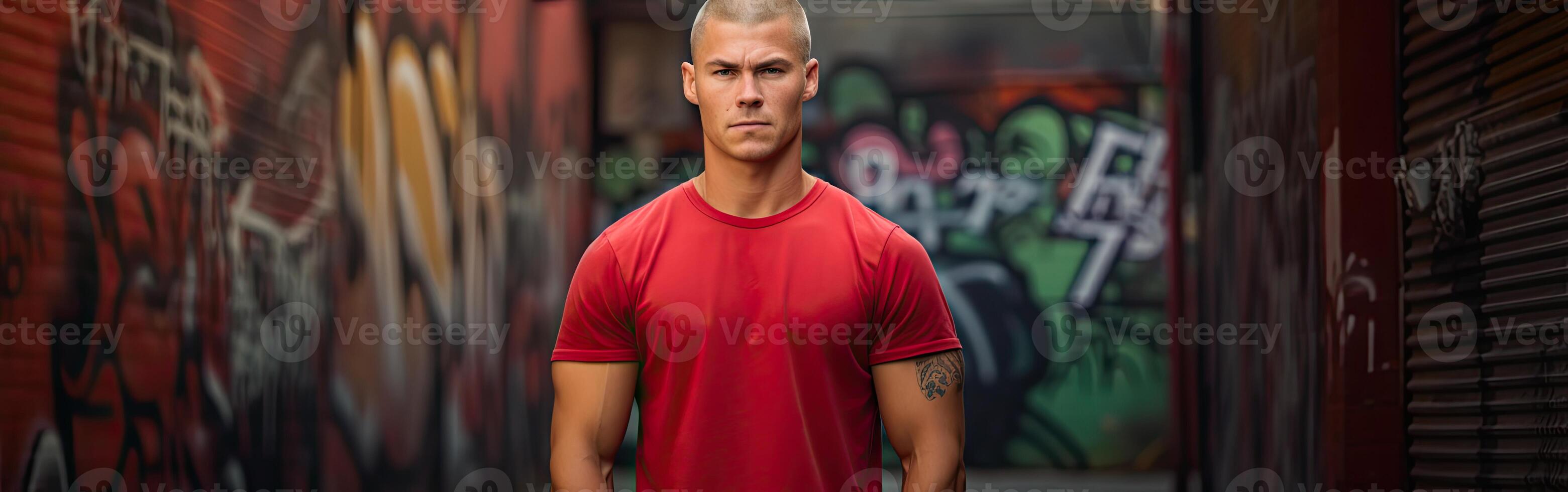 Man in Red Shirt Against Graffiti Wall photo