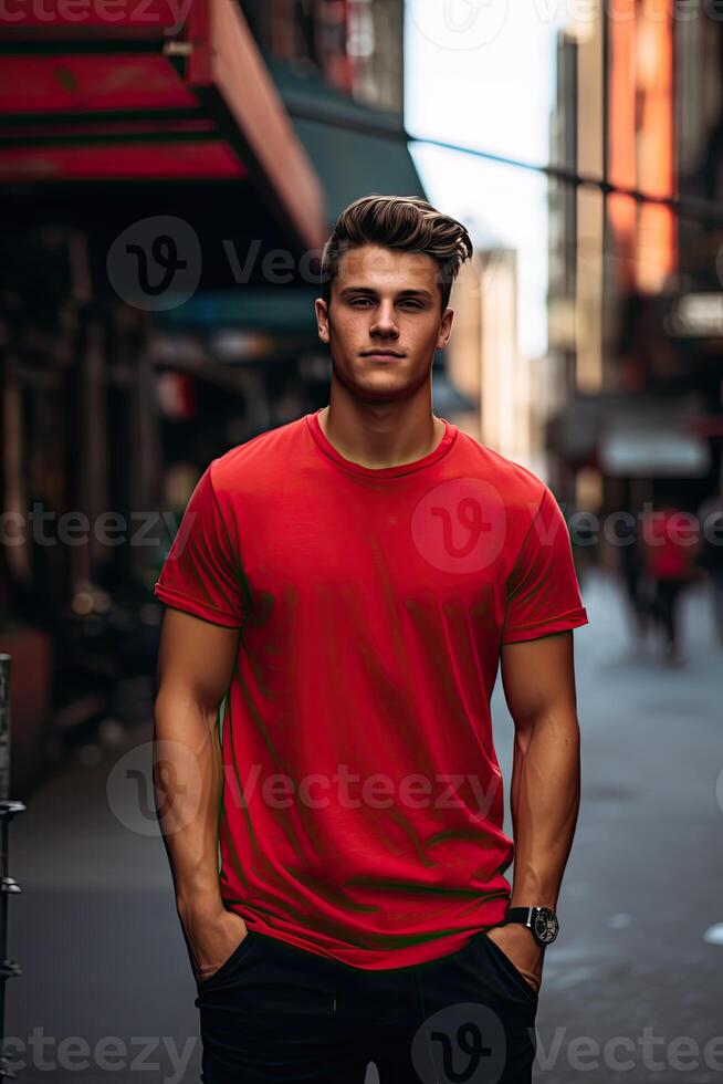 Man in Red Shirt Standing on Street photo