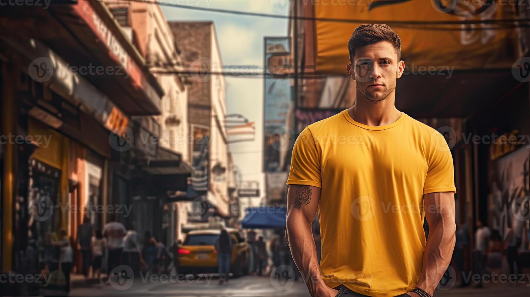 Man in Yellow Shirt on City Street photo