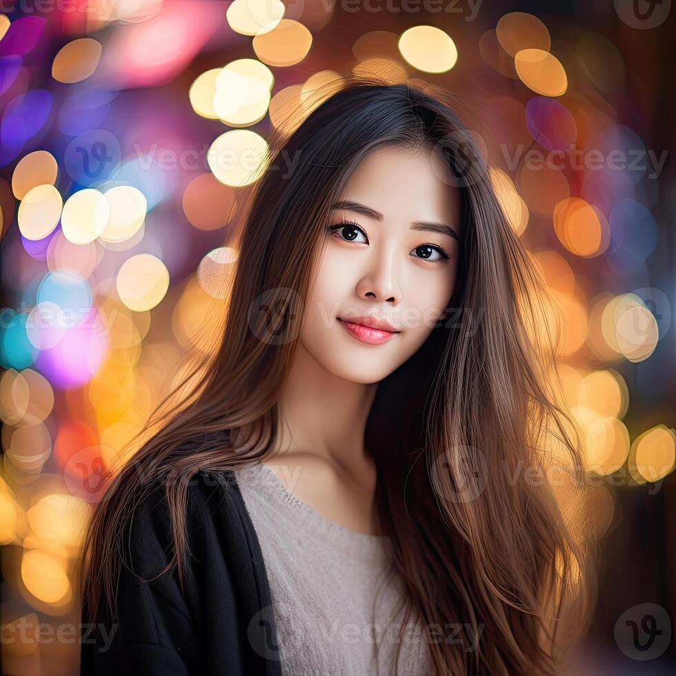 Long-haired woman in blurry background photo