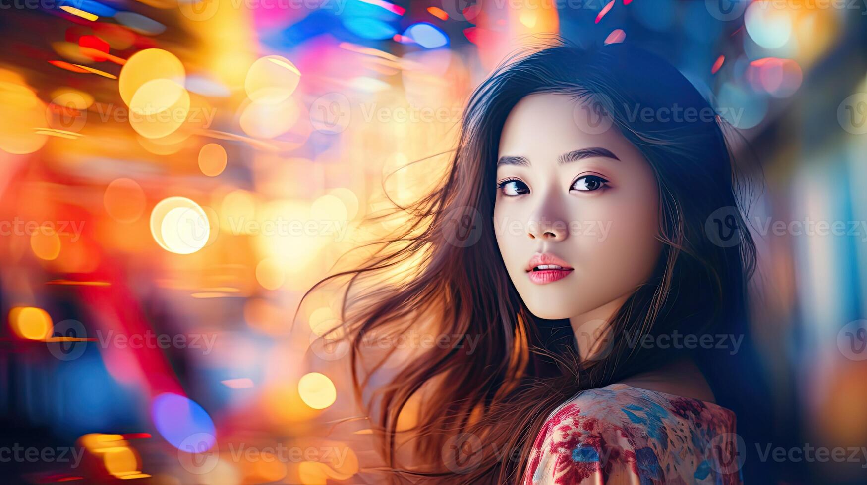 Woman With Long Hair in Front of Neon Background photo