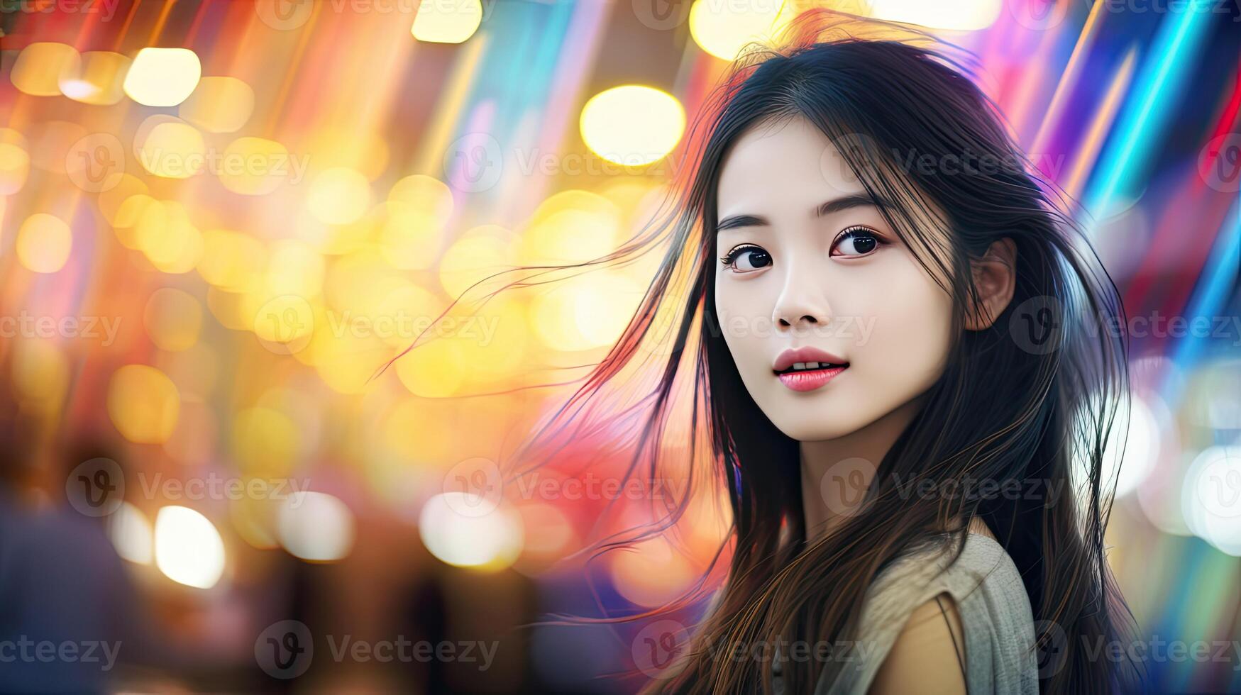 Woman With Long Hair in Front of Colorful Lights photo