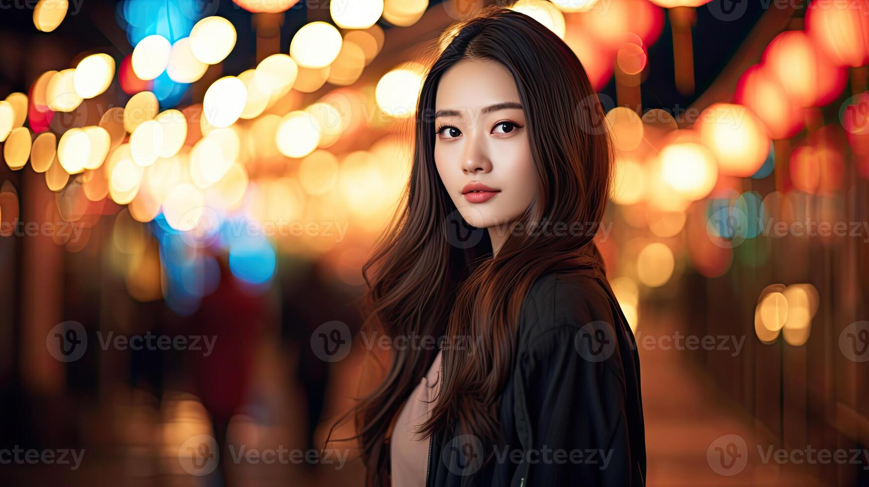 Woman Standing in Front of Night Street photo