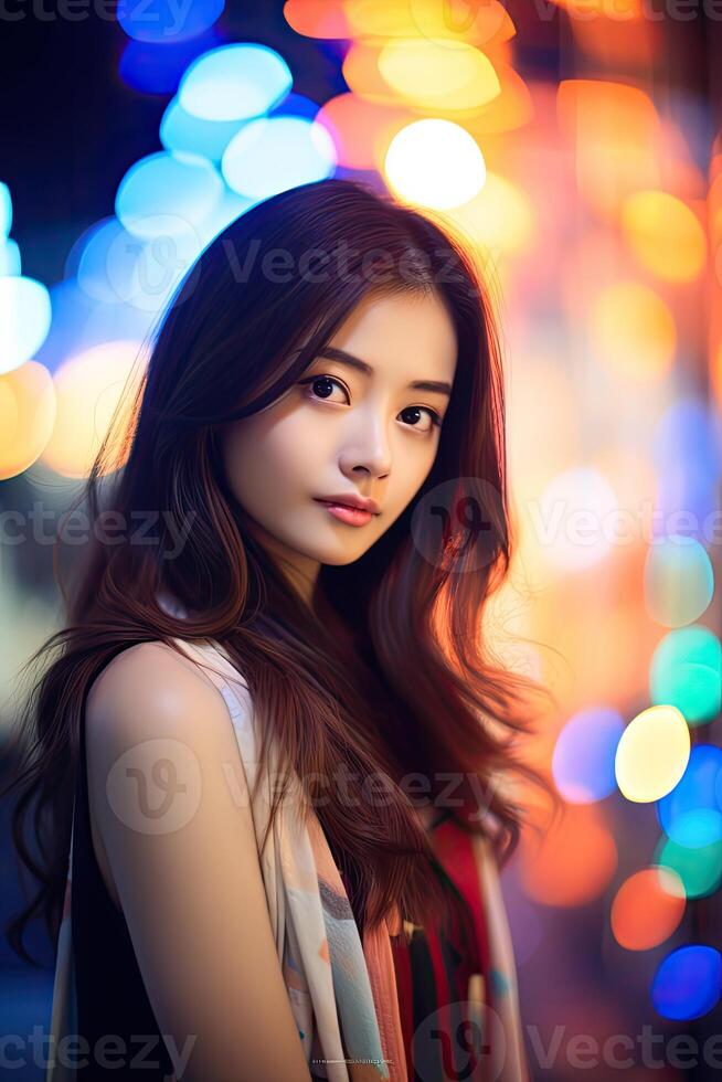 Woman Standing in Front of Colorful Lights photo