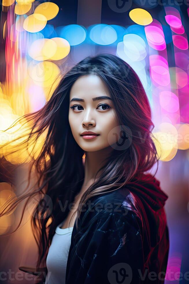 Woman With Long Hair Facing Lights photo
