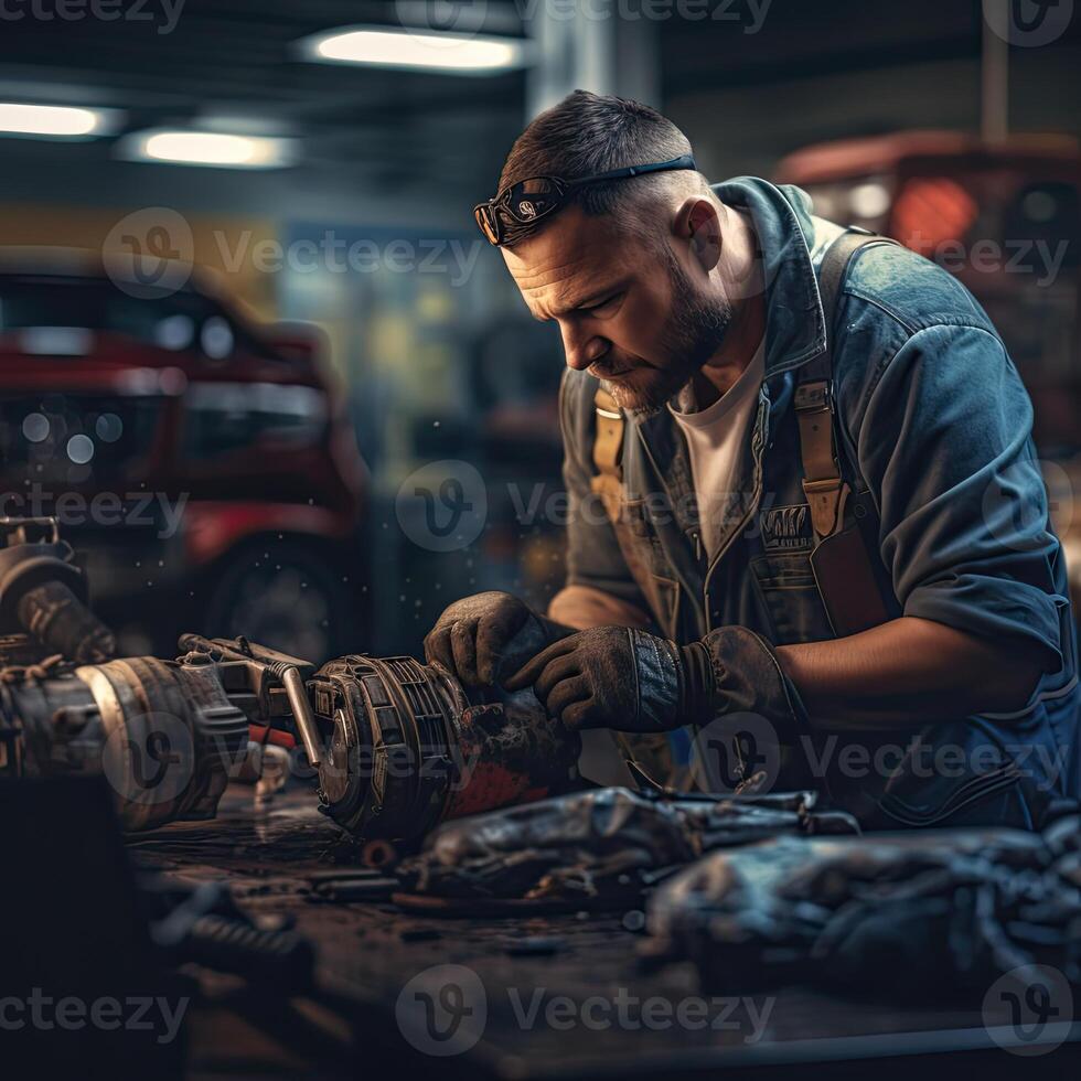 Man Repairing Car in Garage photo
