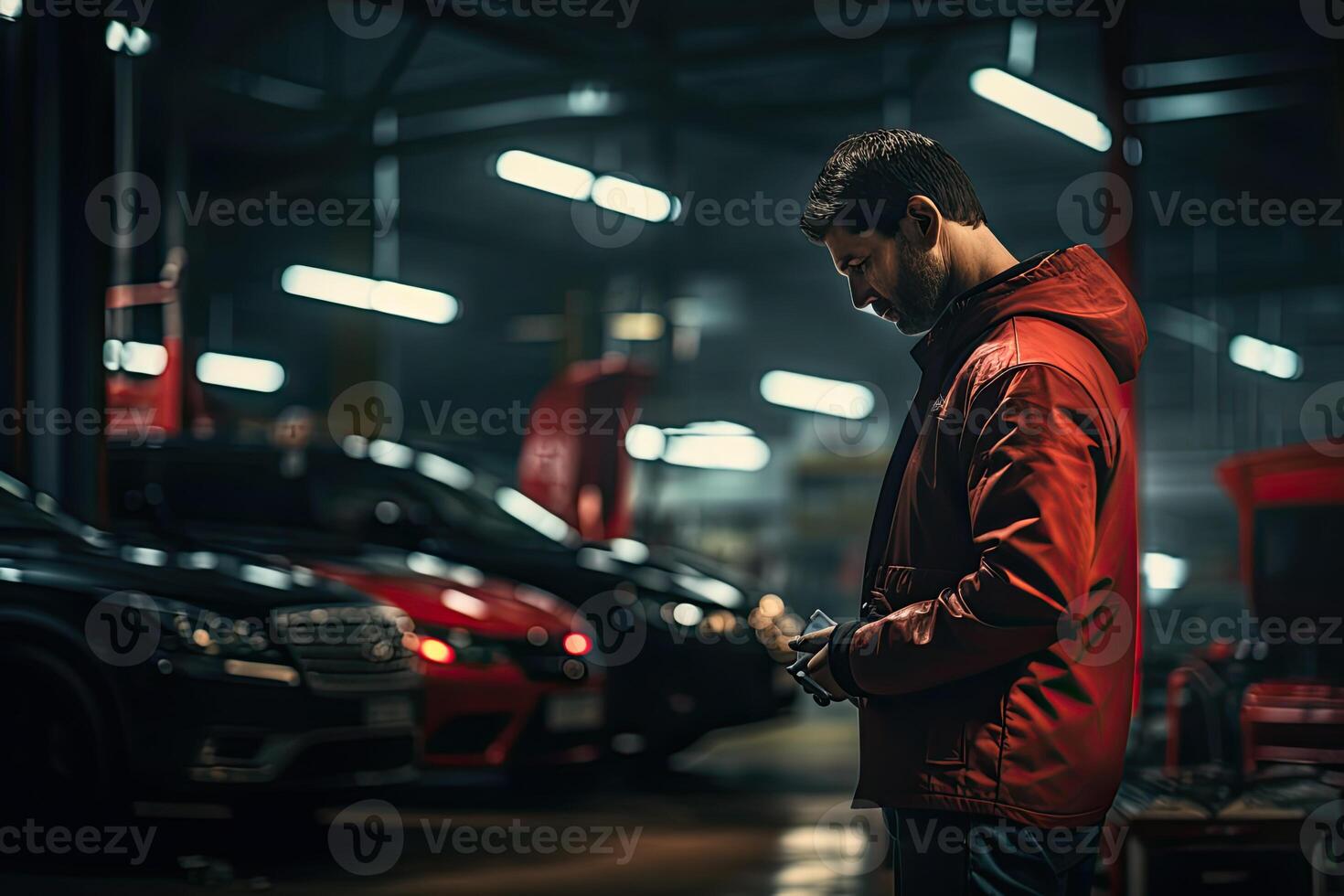 Man in Red Jacket Checking Cell Phone photo