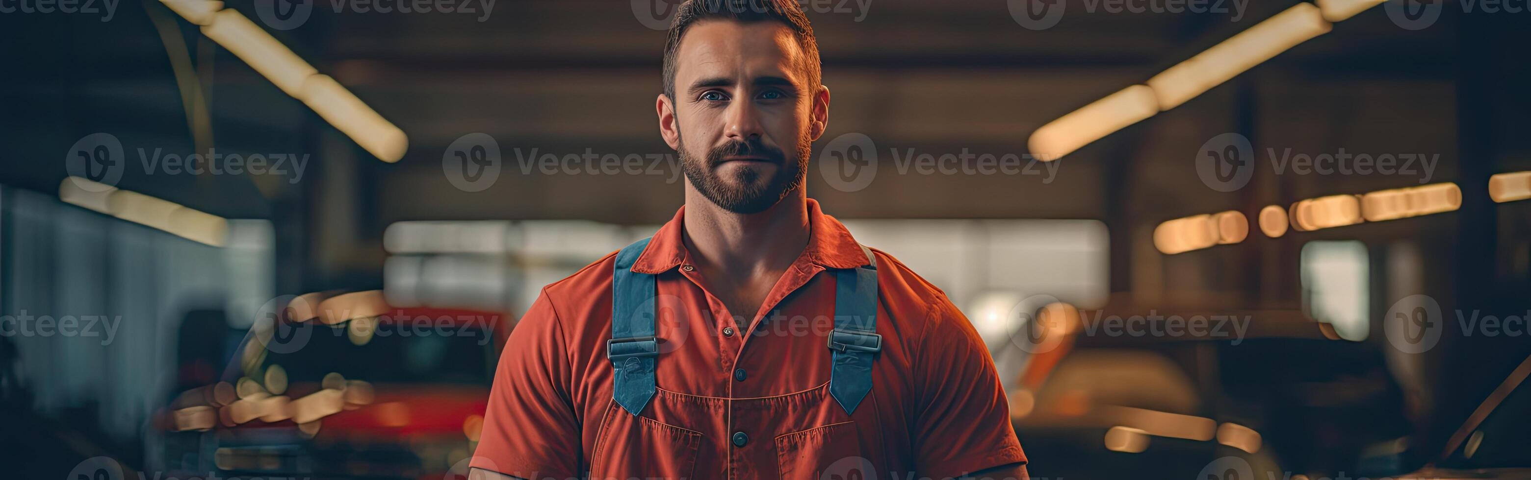 Man in Orange Shirt and Overalls in Garage photo