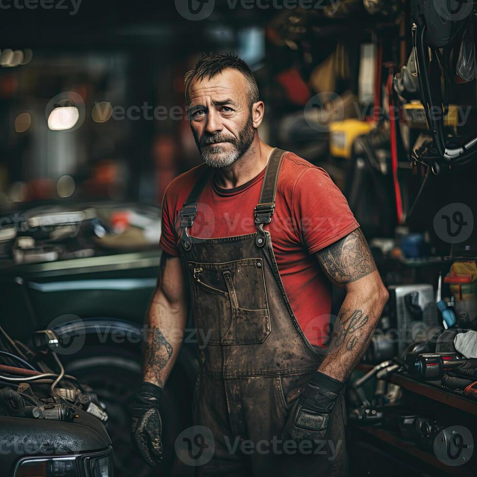 Man Standing in Front of Car in Garage photo