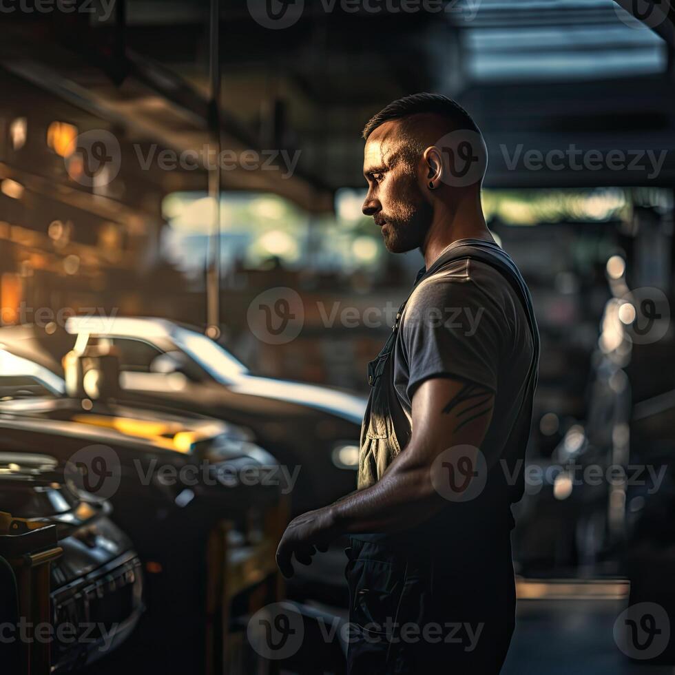 Man Standing in Front of Row of Parked Cars photo