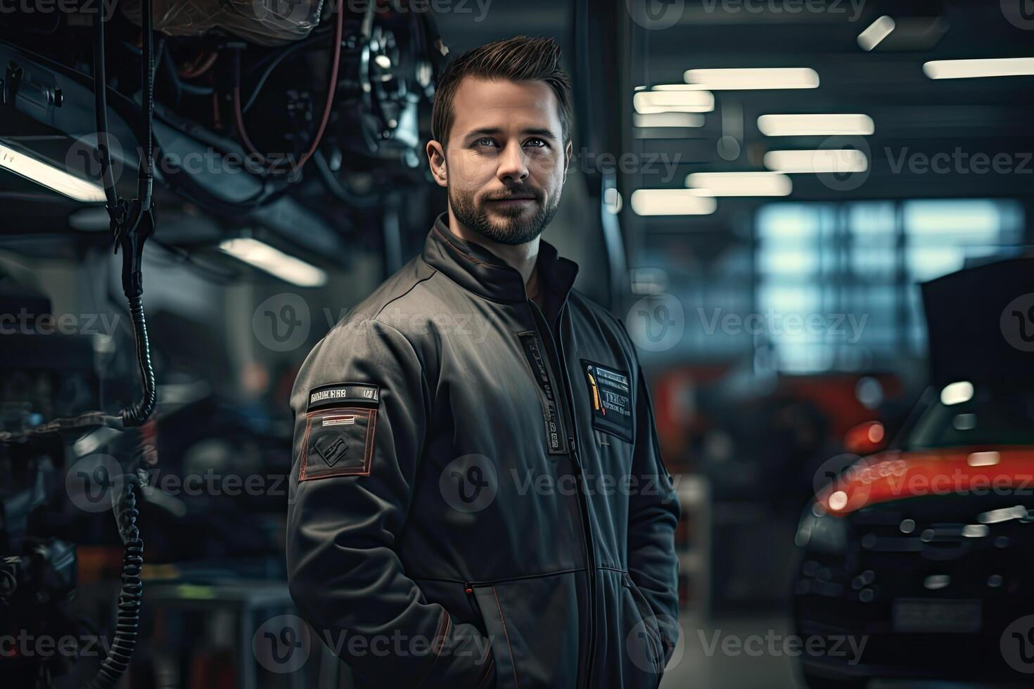 Man Standing Next to Car in Garage photo