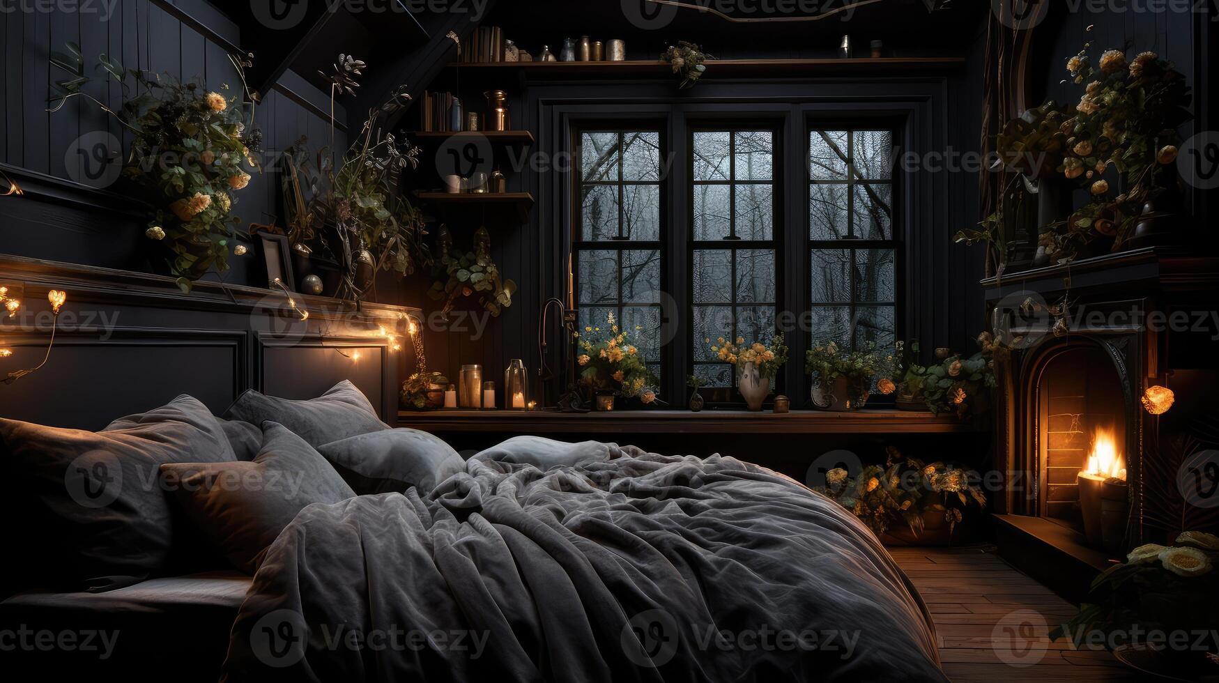 Bedroom With Bed and Fireplace photo
