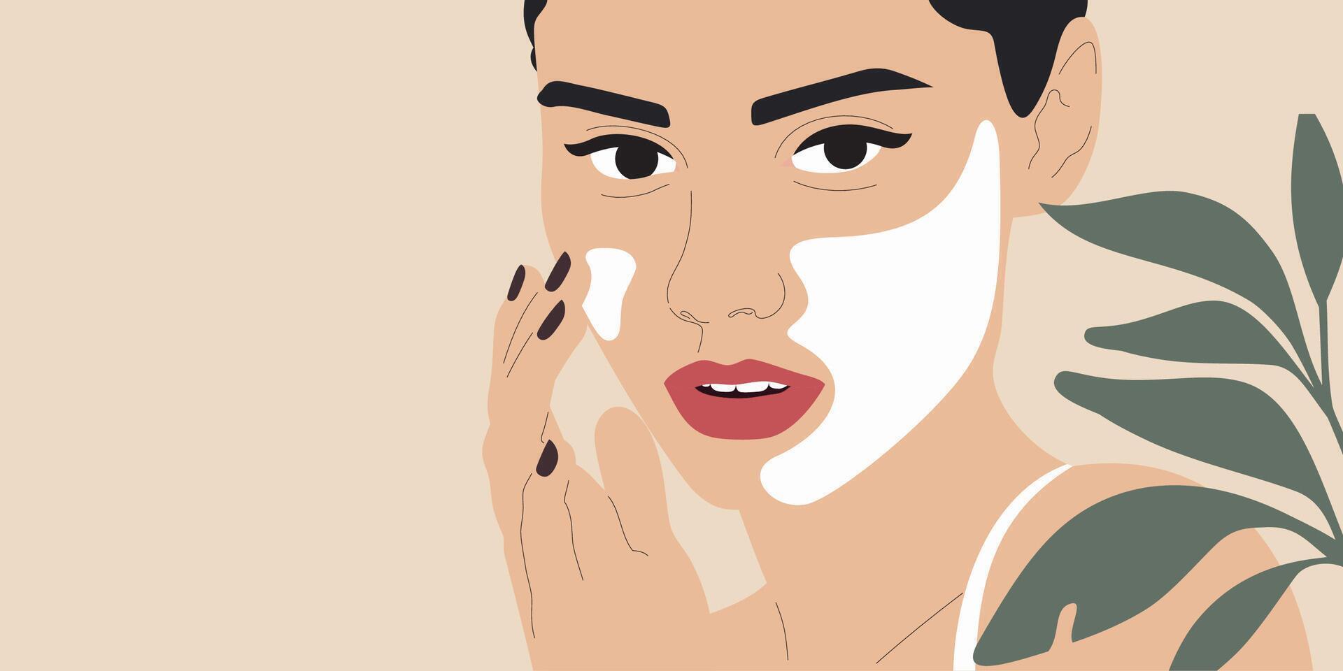 A woman with a face mask on her face. Cleansing, moisturizing, treating. Skin care routine concept. vector