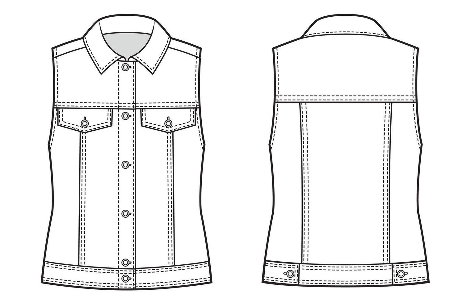 Woman jeans vest flat sketch. Denim waistcoat apparel design. vector