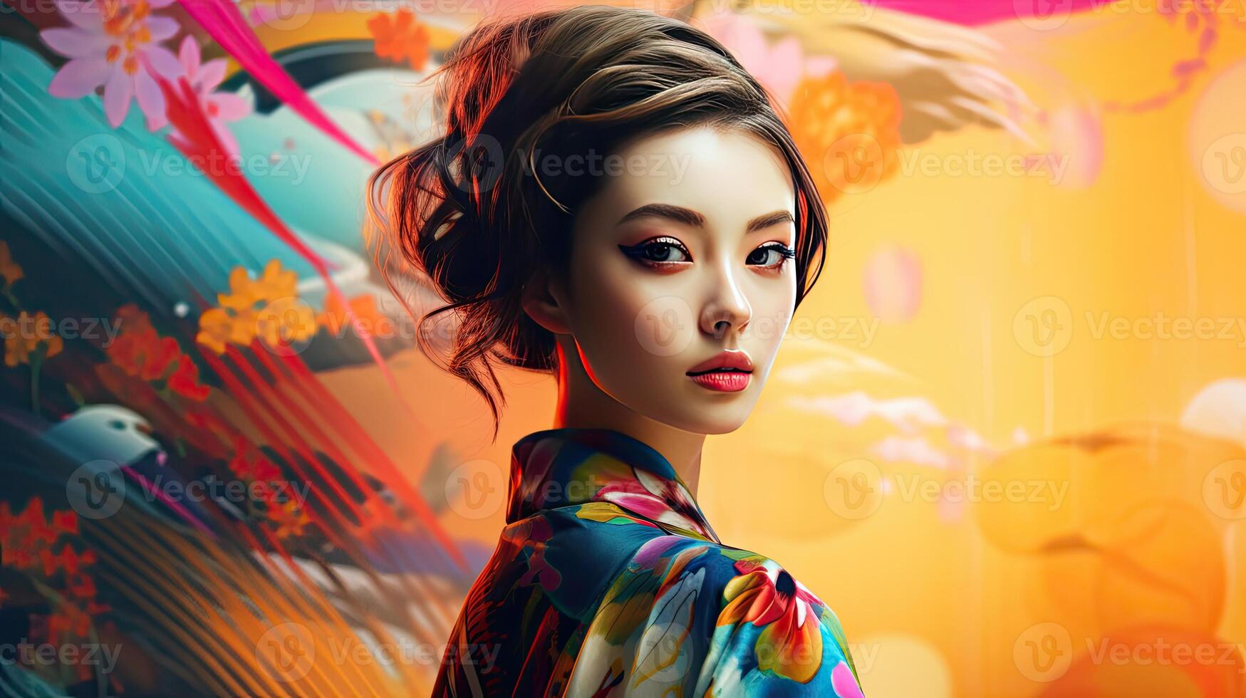 Woman Standing in Front of Colorful Background photo