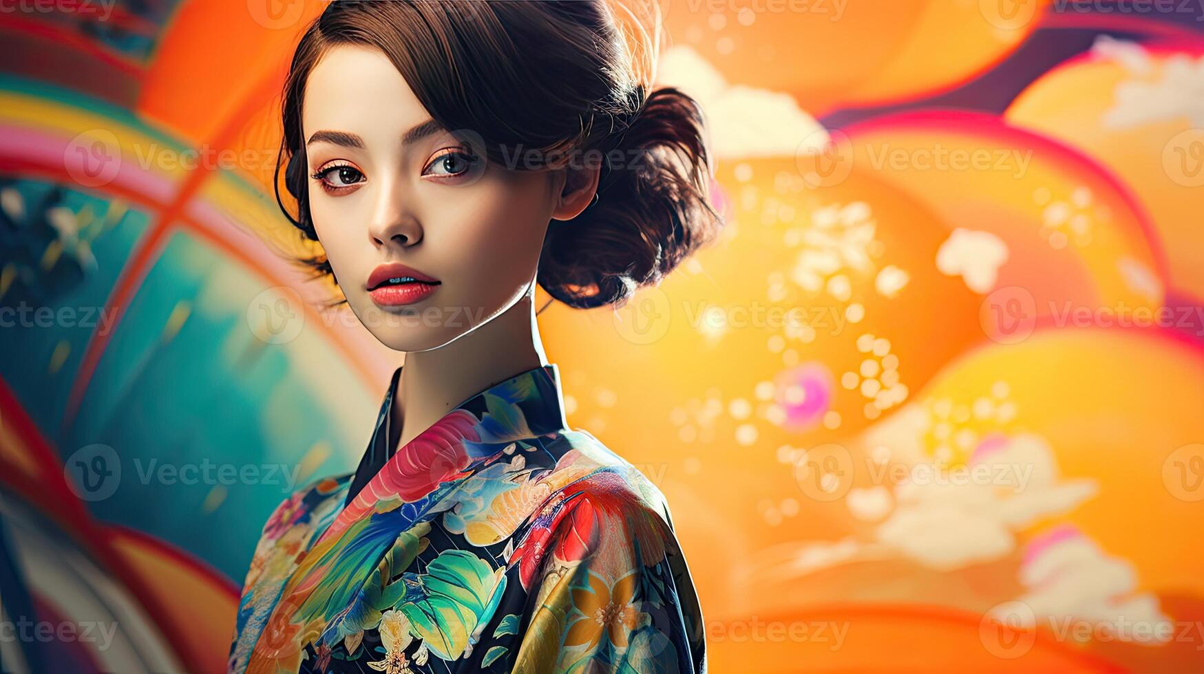 Woman in Colorful Kimono Painting photo