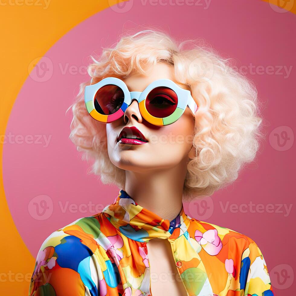 Stylish Woman With White Hair and Colorful Shirt photo
