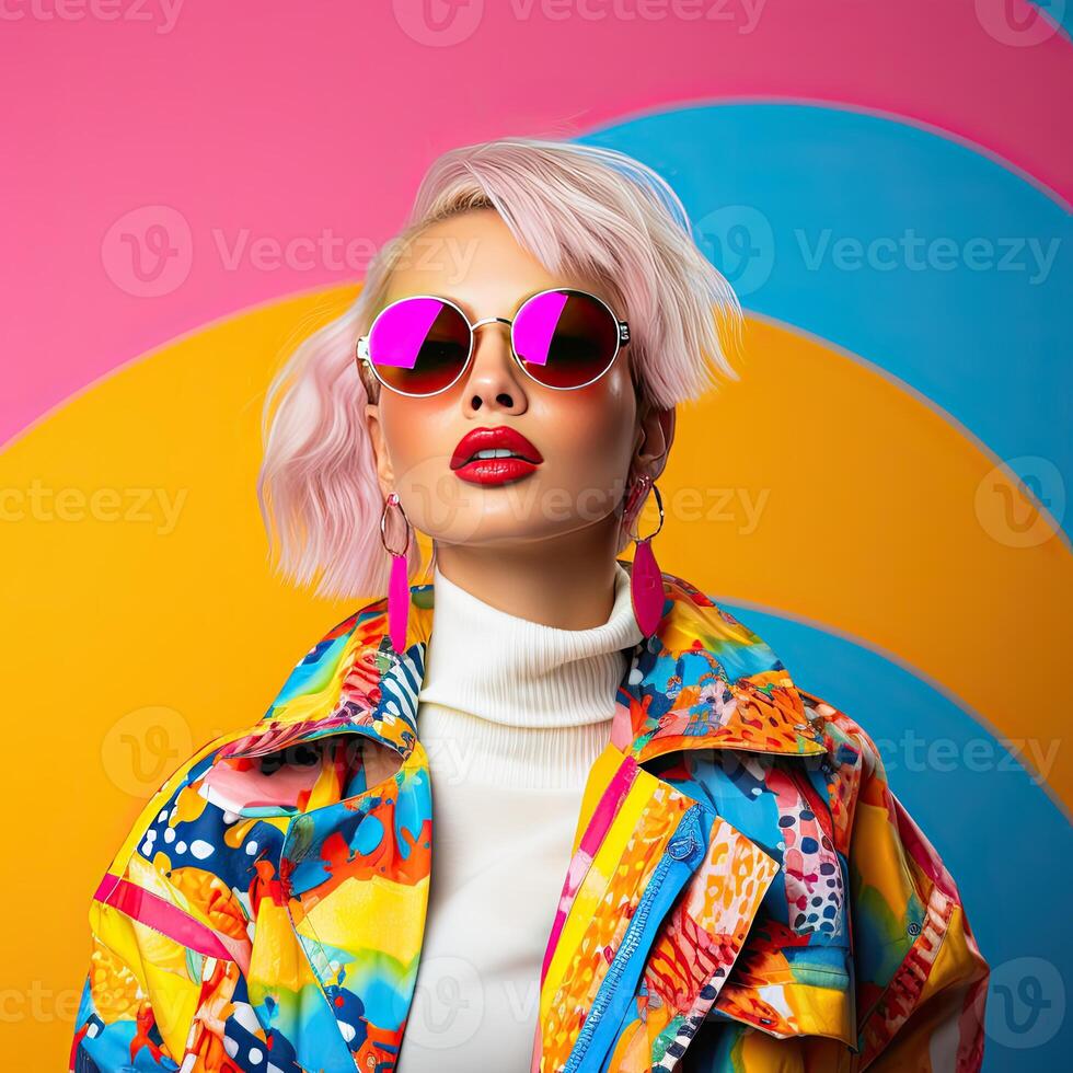 Pink-haired woman in funky outfit photo