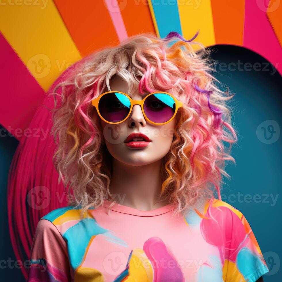 Stylish Woman in Sunglasses and Colorful Dress photo