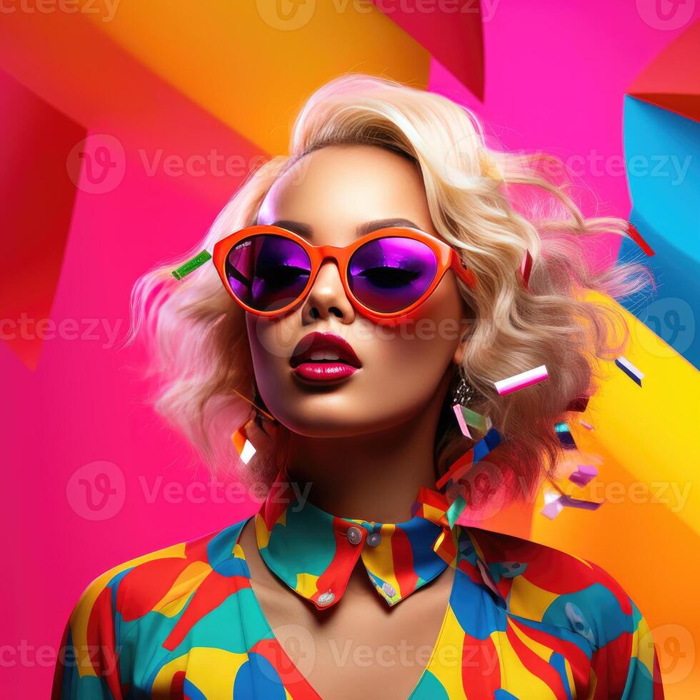 Stylish Woman in Colorful Shirt and Sunglasses photo