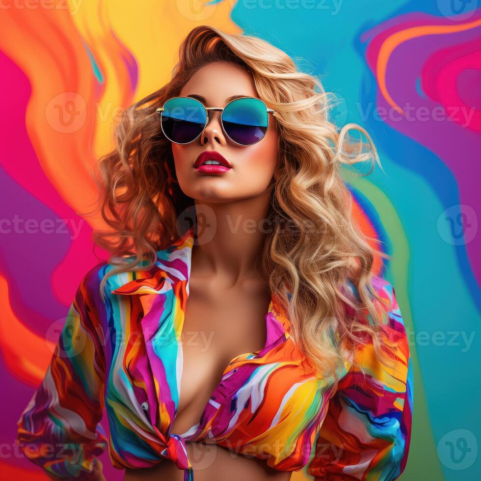Woman in Sunglasses With Colorful Shirt photo