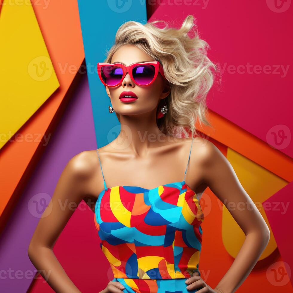 Woman in Colorful Dress and Sunglasses photo