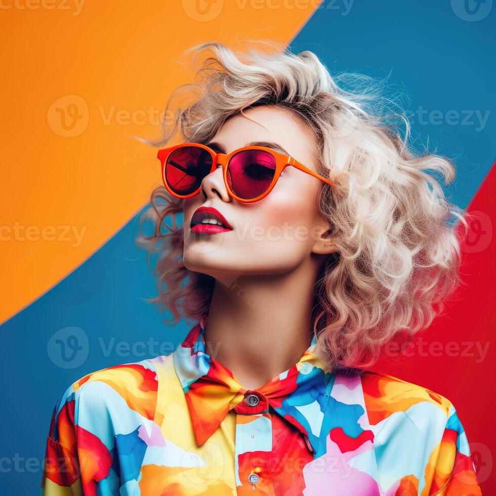 Blonde Woman With Sunglasses and Colorful Shirt photo