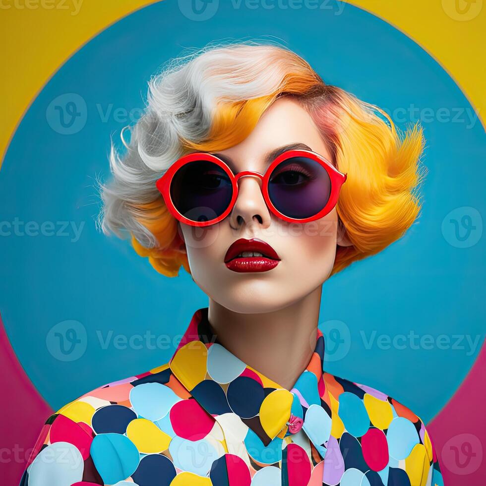 Woman With Blonde Hair Wearing Red Sunglasses photo