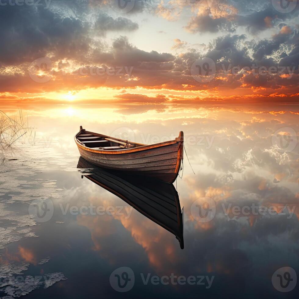 Small Boat Floating on Lake Under Cloudy Sky photo