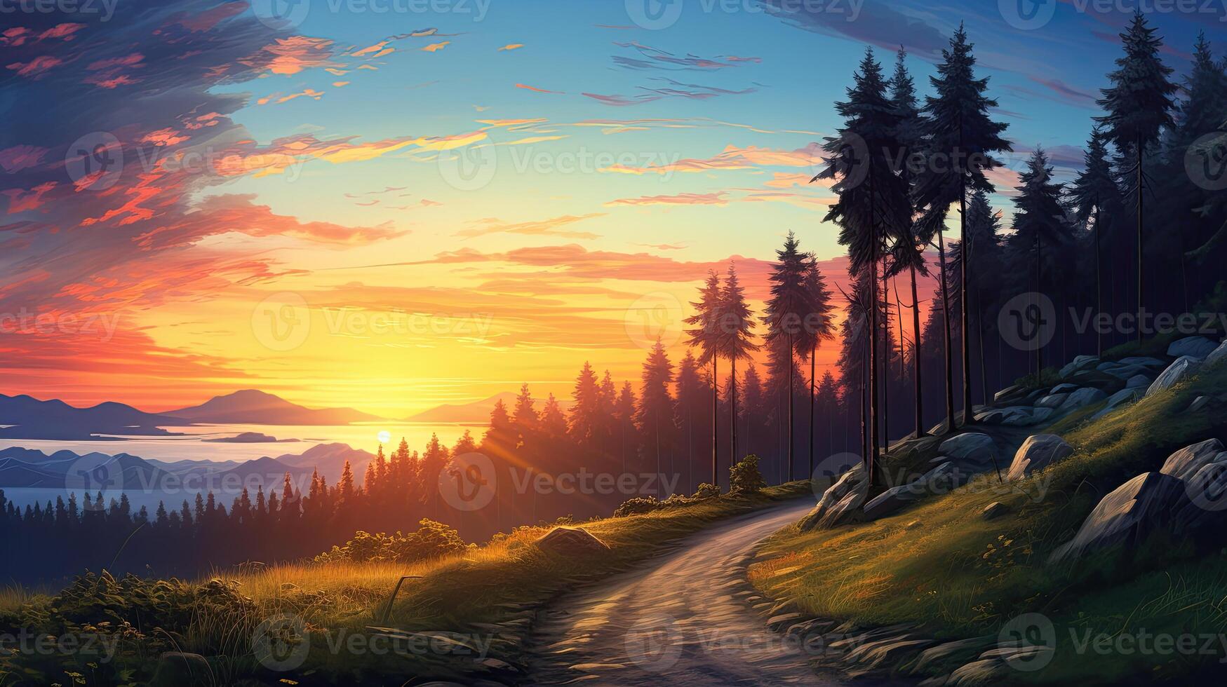 Sun Setting Over Forest photo