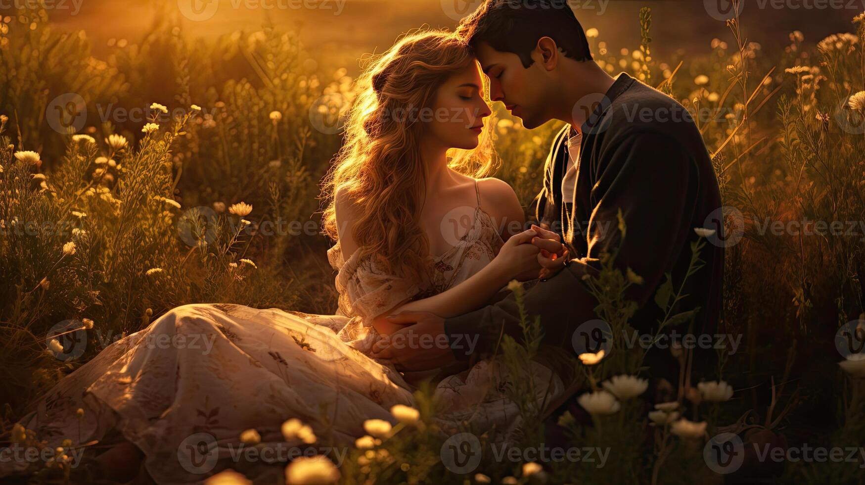 Man and Woman Sitting in Field of Flowers photo