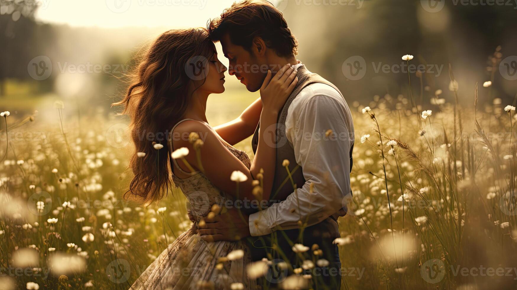 Man and Woman Standing in Field of Flowers photo