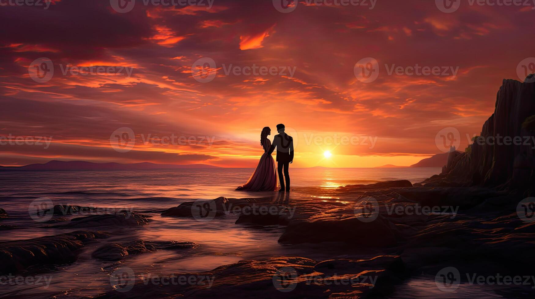 Couple Standing on Rocky Beach photo